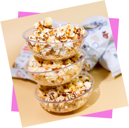 photo of 3 stacked bowls of Sweet Chaos popcorn