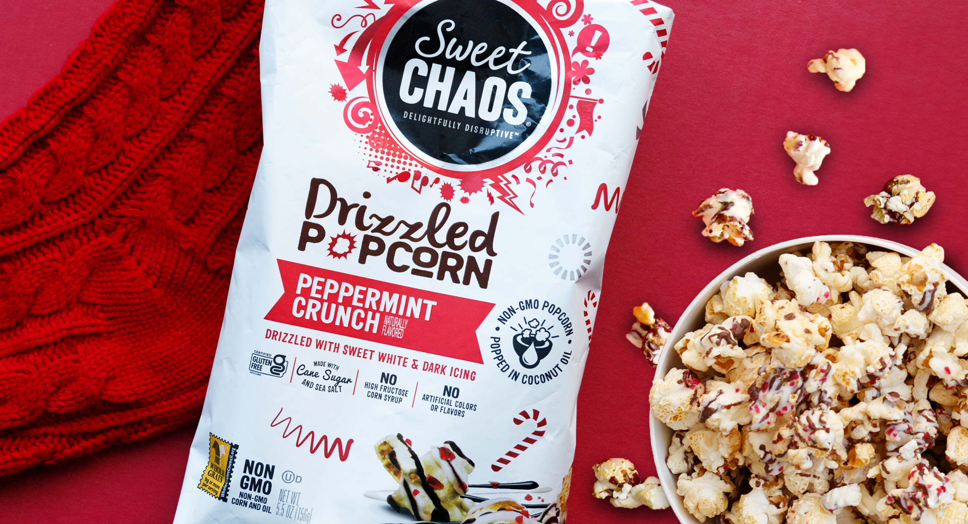 Sweet Chaos Peppermint Crunch Drizzled Popcorn